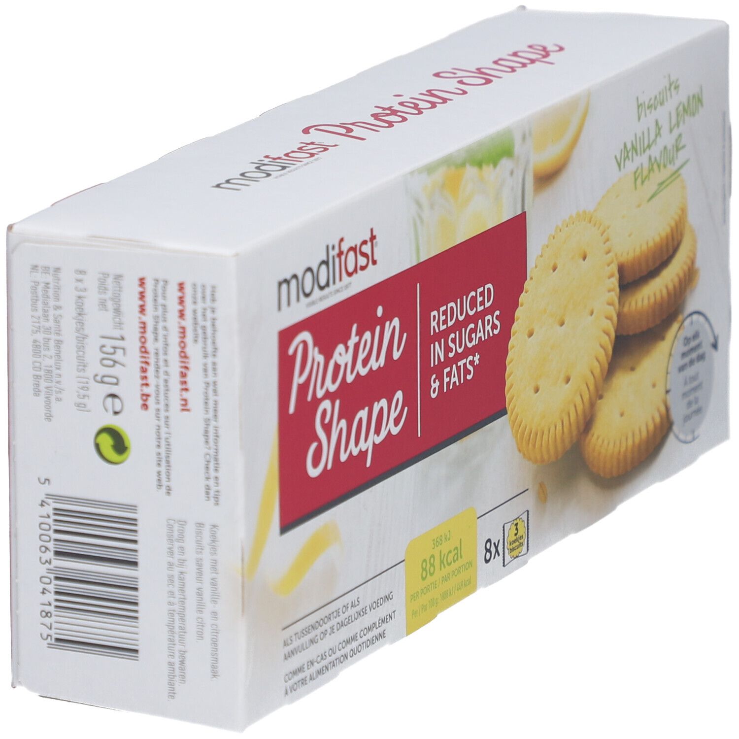 Modifast Protein Shape Kekse. Verpackung mit Keksen. Aufdruck: Vanille Zitrone, reduziert Zucker & Fett. 8 Stück.