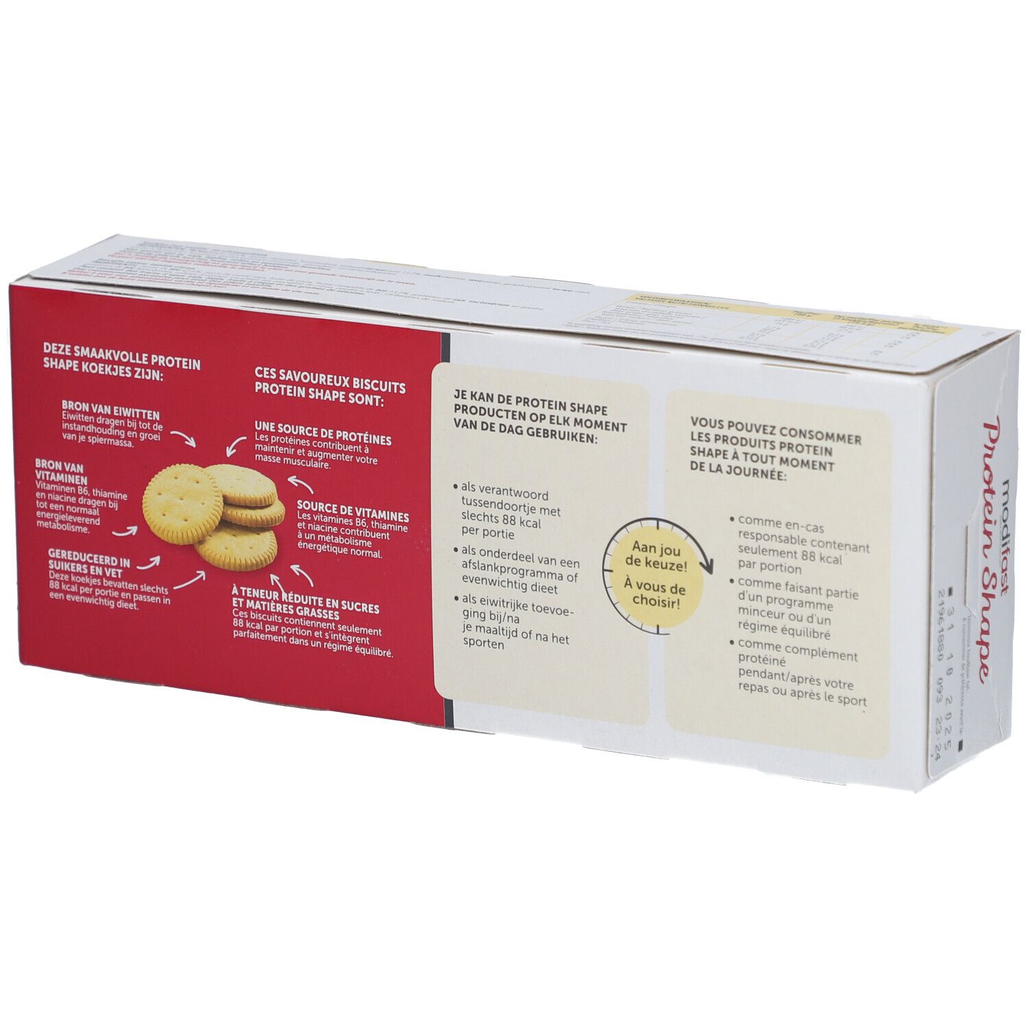 Rückseite der Modifast Protein Shape Kekse Verpackung. Text in Deutsch, Französisch, Niederländisch. Informationen zu Nährwerten.
