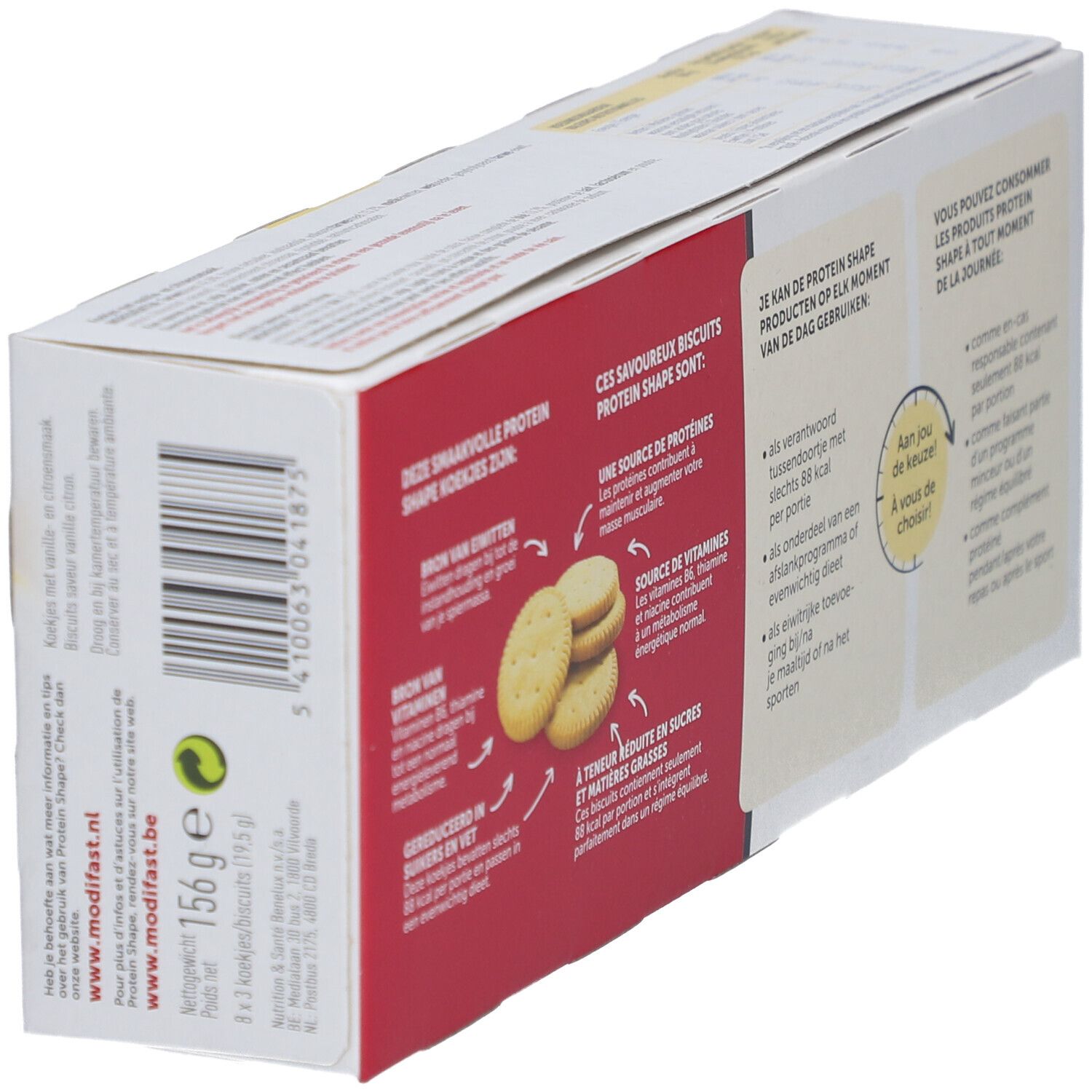 Rückseite der Modifast Protein Shape Kekse Verpackung. Text in Deutsch, Französisch, Niederländisch. Informationen zu Nährwerten.
