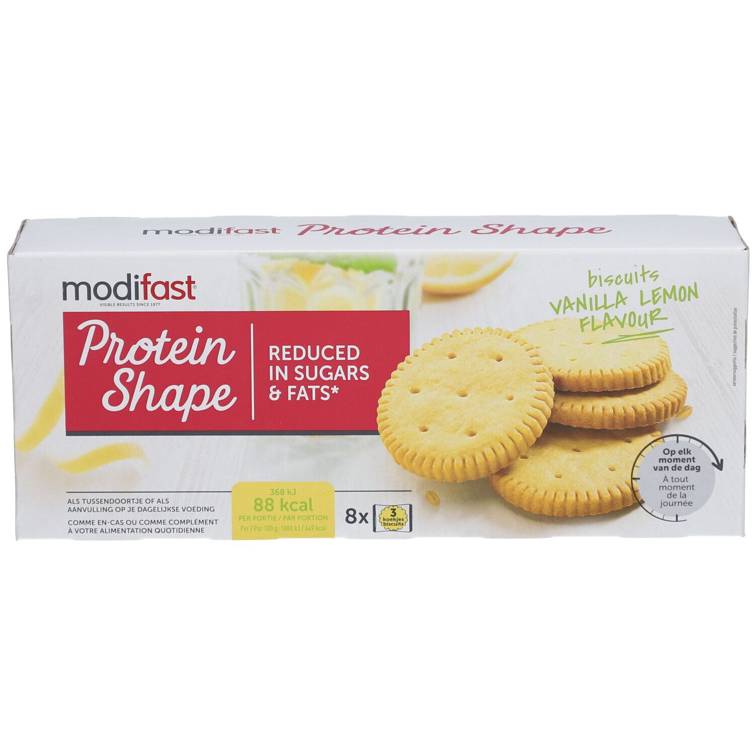 Modifast Protein Shape Kekse. Verpackung mit Keksen. Aufdruck: Vanille Zitrone, reduziert Zucker & Fett. 8 Stück.