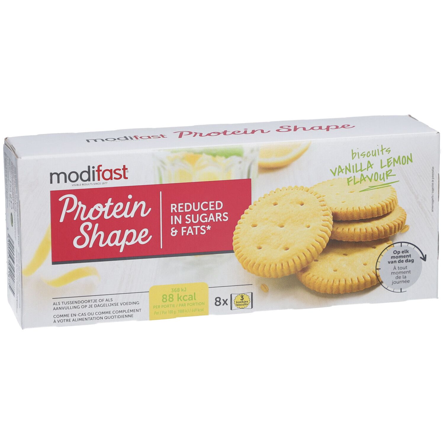 Modifast Protein Shape Kekse. Verpackung mit Keksen. Aufdruck: Vanille Zitrone, reduziert Zucker & Fett. 8 Stück.