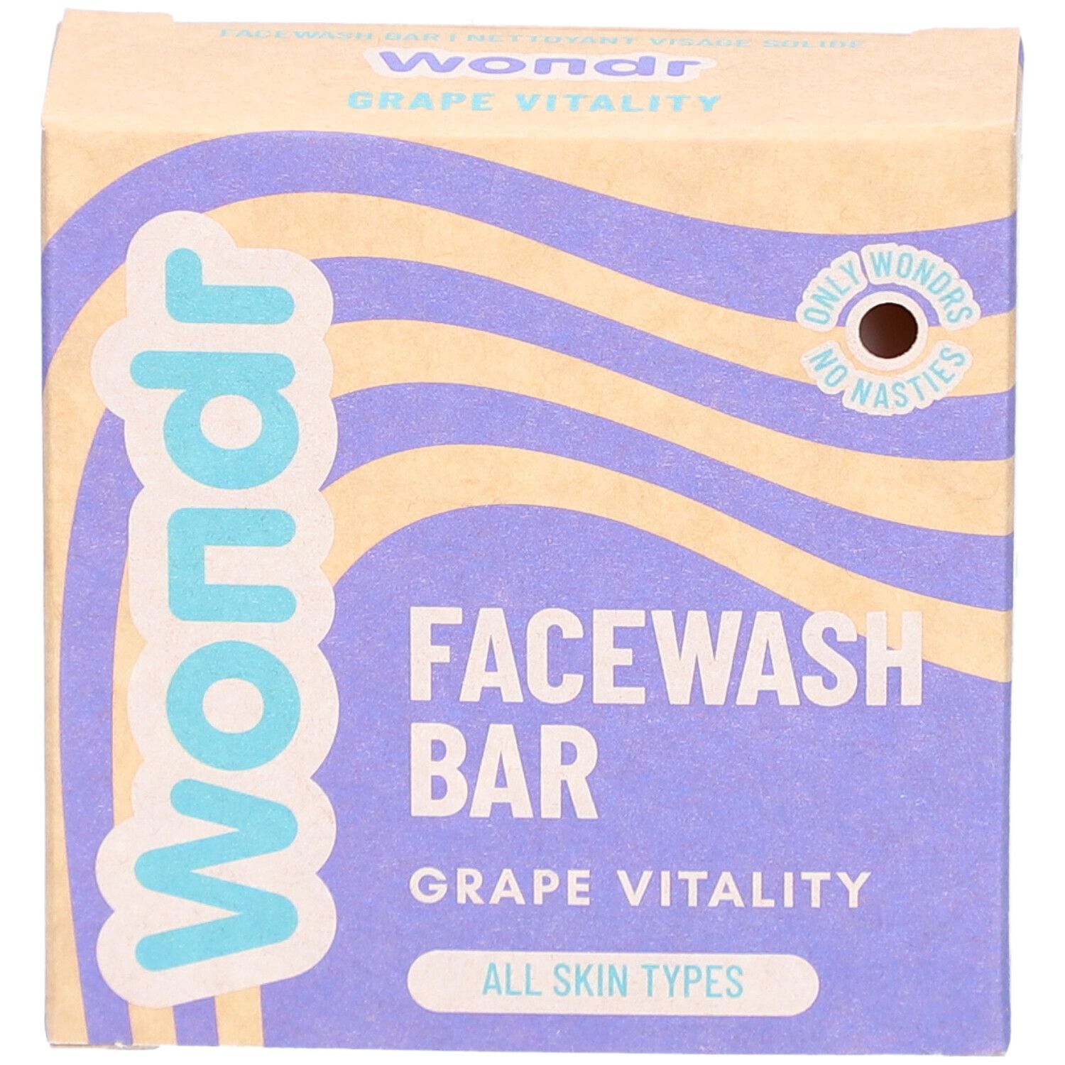 Kartonverpackung "Wondr Grape Vitality Facewash Bar". Lila Wellenmuster, Markenlogo und Produktbezeichnung.