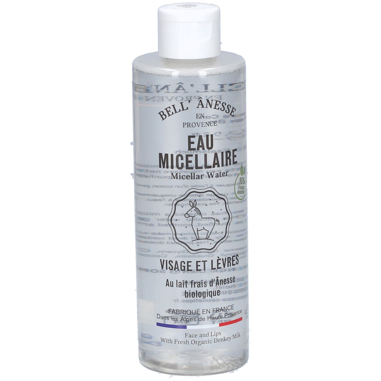 Flacon transparent avec bouchon blanc. Inscription: Bell'Anesse Bio Eau Micellaire. Pour visage et lèvres. Au lait d'ânesse bio.