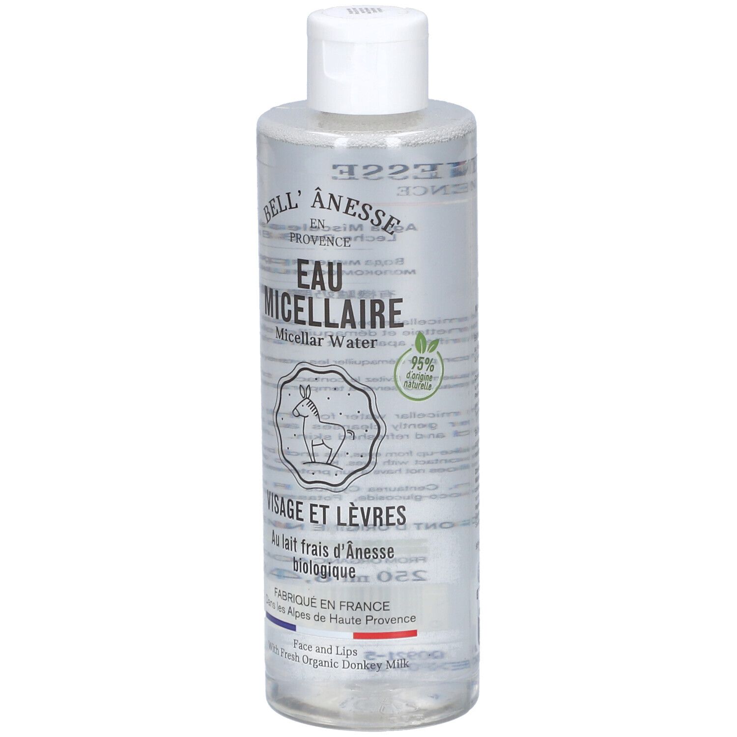 Flacon transparent avec bouchon blanc. Inscription: Bell'Anesse Bio Eau Micellaire. Pour visage et lèvres. Au lait d'ânesse bio.