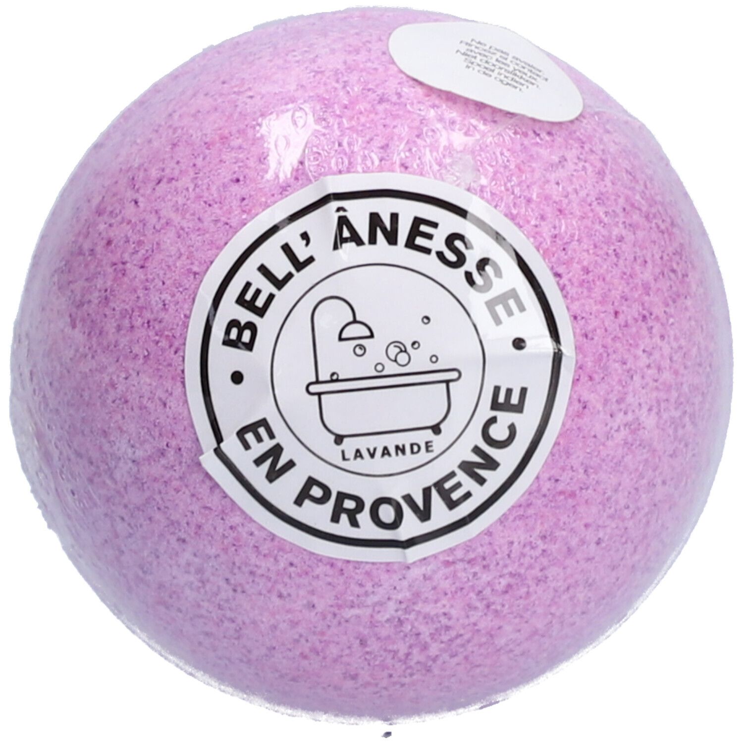 Boule de bain effervescente violette. Étiquette avec texte et illustration de baignoire. Marque : Bell Ânesse.