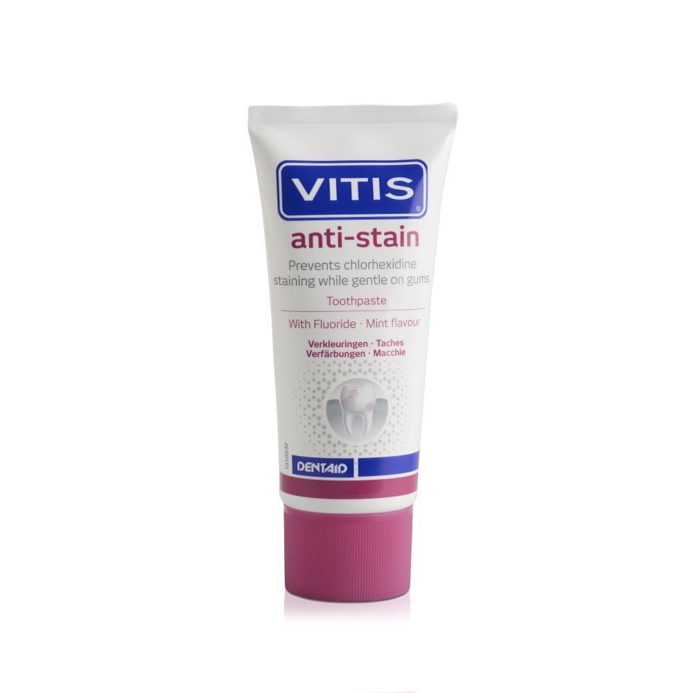 Witte tandpastatube met blauw en roze design. Bevat VITIS anti-vlekken. Met fluoride en muntsmaak.