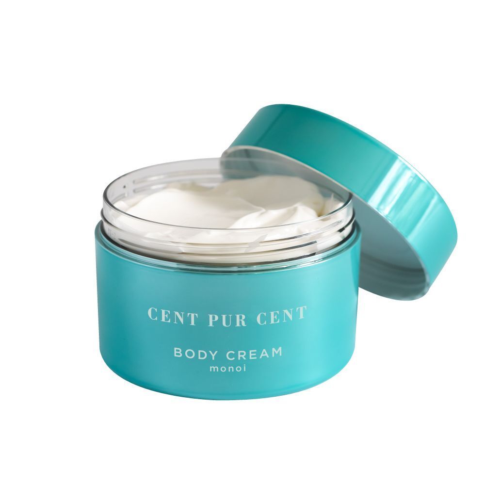 Türkisfarbener Tiegel, Deckel geöffnet, Creme sichtbar. Aufschrift: CENT PUR CENT BODY CREAM monoi.