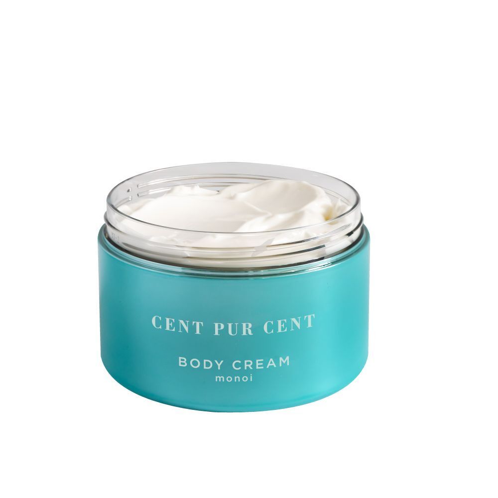 Türkisfarbener Tiegel, Deckel geöffnet, Creme sichtbar. Aufschrift: CENT PUR CENT BODY CREAM monoi.