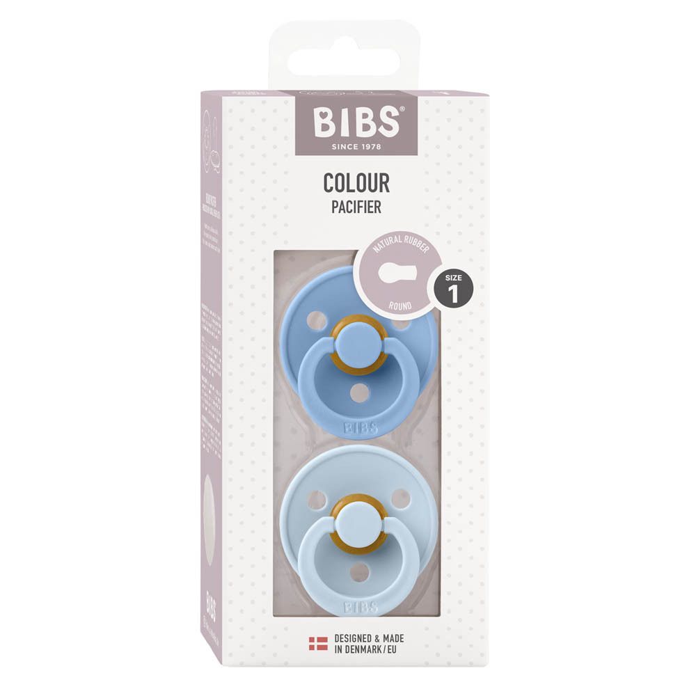 Verpackung mit zwei Schnullern in Babyblau. Marke BIBS. Sichtfenster zeigt die Produkte. Größe 1.