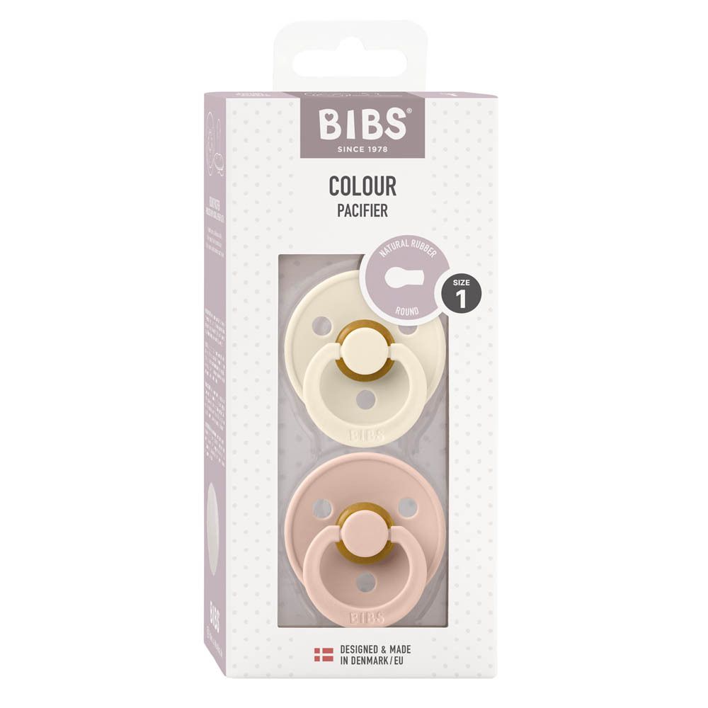 Pack de deux sucettes BIBS, ivoire et rose. Taille 1. Emballage.