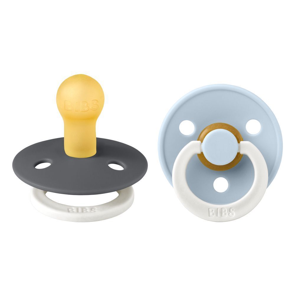 Deux sucettes. Gris foncé et bleu clair avec anneaux blancs. Tétine jaune. Logo BIBS.