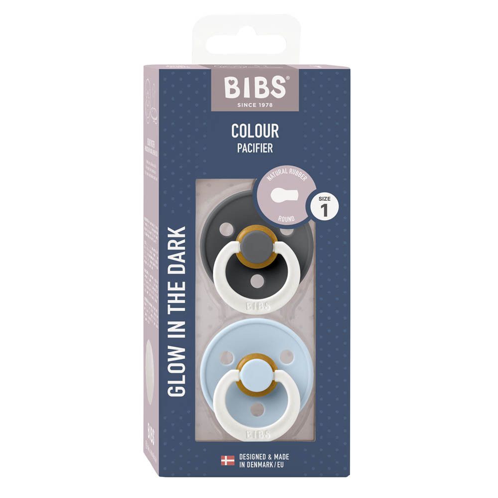 Boîte de deux sucettes. Gris foncé et bleu clair avec anneaux blancs. Taille 1. Logo BIBS.