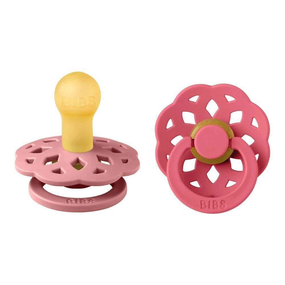 Deux sucettes. Rose et corail. Logo BIBS. Forme ronde. Tétine jaune.