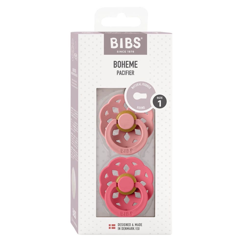 Boîte de deux sucettes BIBS Boheme. Rose et corail. Taille 1. Emballage avec fenêtre.