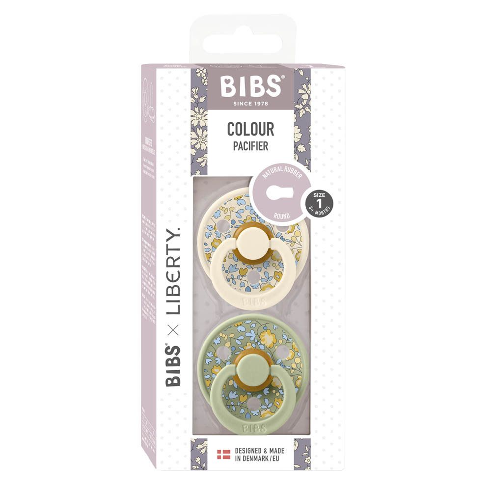 Verpackung mit zwei Schnullern. BIBS x Liberty. Floral bedruckt. Größe 1, 0-6 Monate.