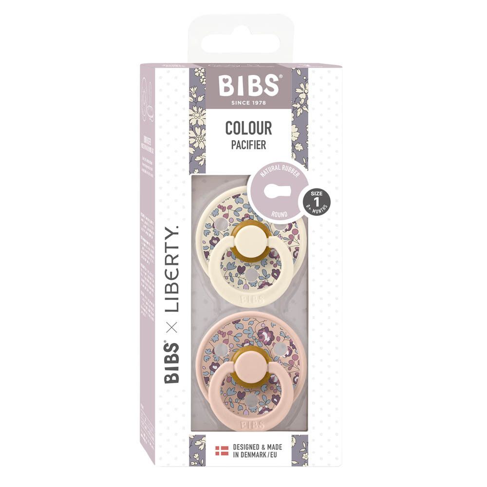 BIBS, duo de sucettes. Motif floral, rose et crème. Taille 1. Emballage. Natural rubber. Fabriqué au Danemark.
