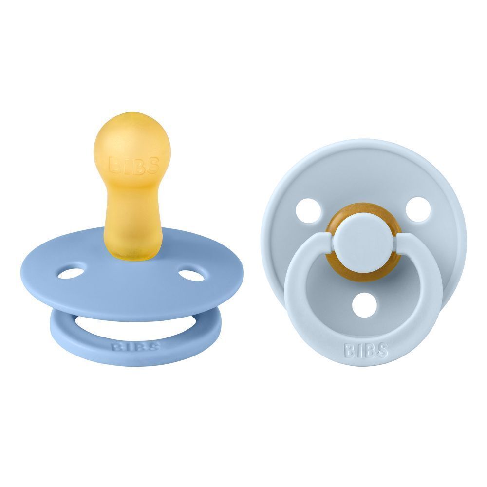 BIBS fopspeen, Sky Blue. Natuurrubber speen en schild. Ronde vorm. Maat 2. Gele speen. Baby Blue schild.