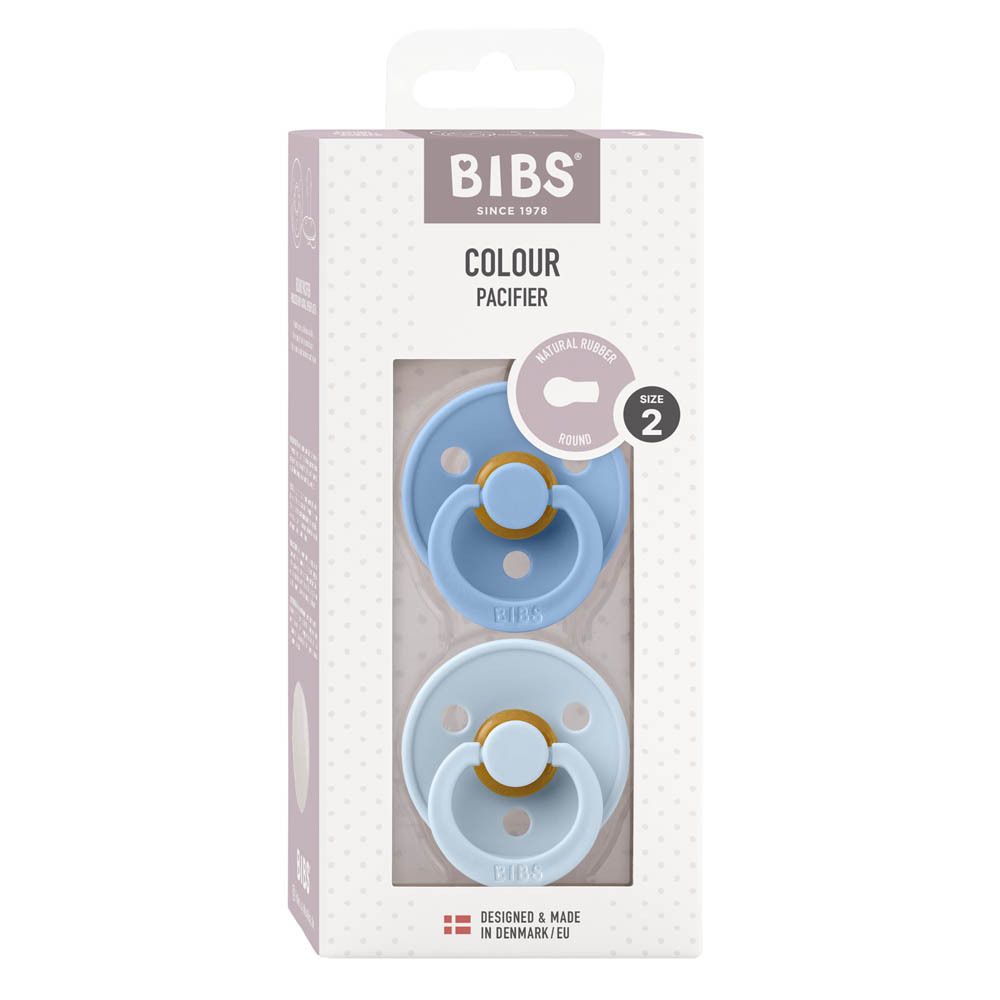 BIBS fopspeen duo, Sky Blue/Baby Blue. Twee fopspenen in verpakking. Maat 2. Natuurrubber. Gemaakt in Denemarken.