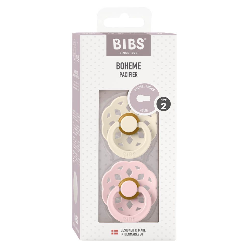 Verpackung mit zwei Schnullern. BIBS Boheme, Ivory/Blossom. Größe 2, 6-18 Monate. Sichtfenster zeigt die Produkte.