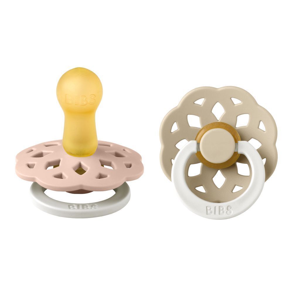 Deux sucettes. Marque BIBS. Modèle Boheme. Rose et beige. Forme ronde. Tétine en silicone.