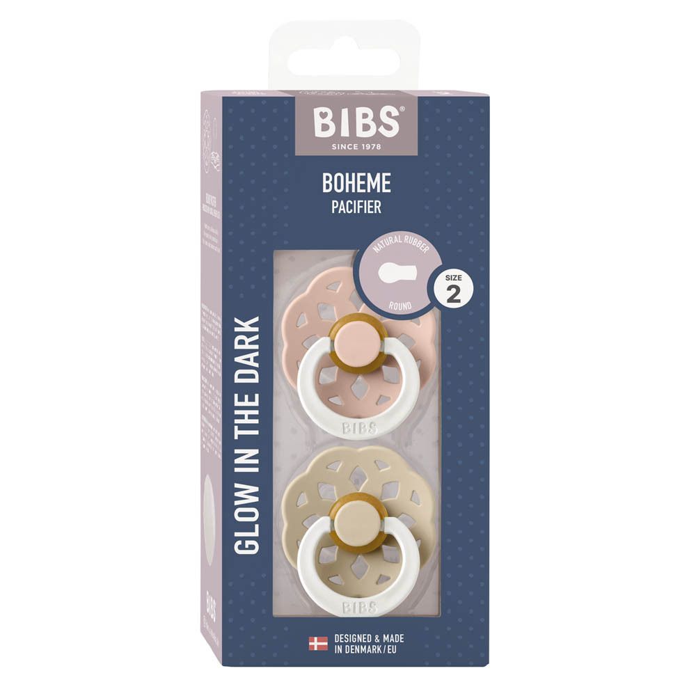 Boîte de deux sucettes BIBS Boheme, taille 2. Brille dans le noir. Rose et beige.