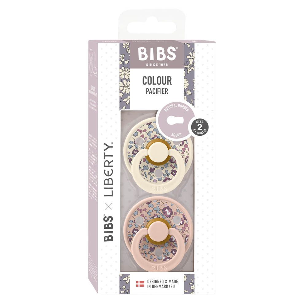 Verpackung mit zwei Schnullern. BIBS x Liberty, Eloise Blush, 6-18 Monate. Sichtfenster. Blumenmuster.