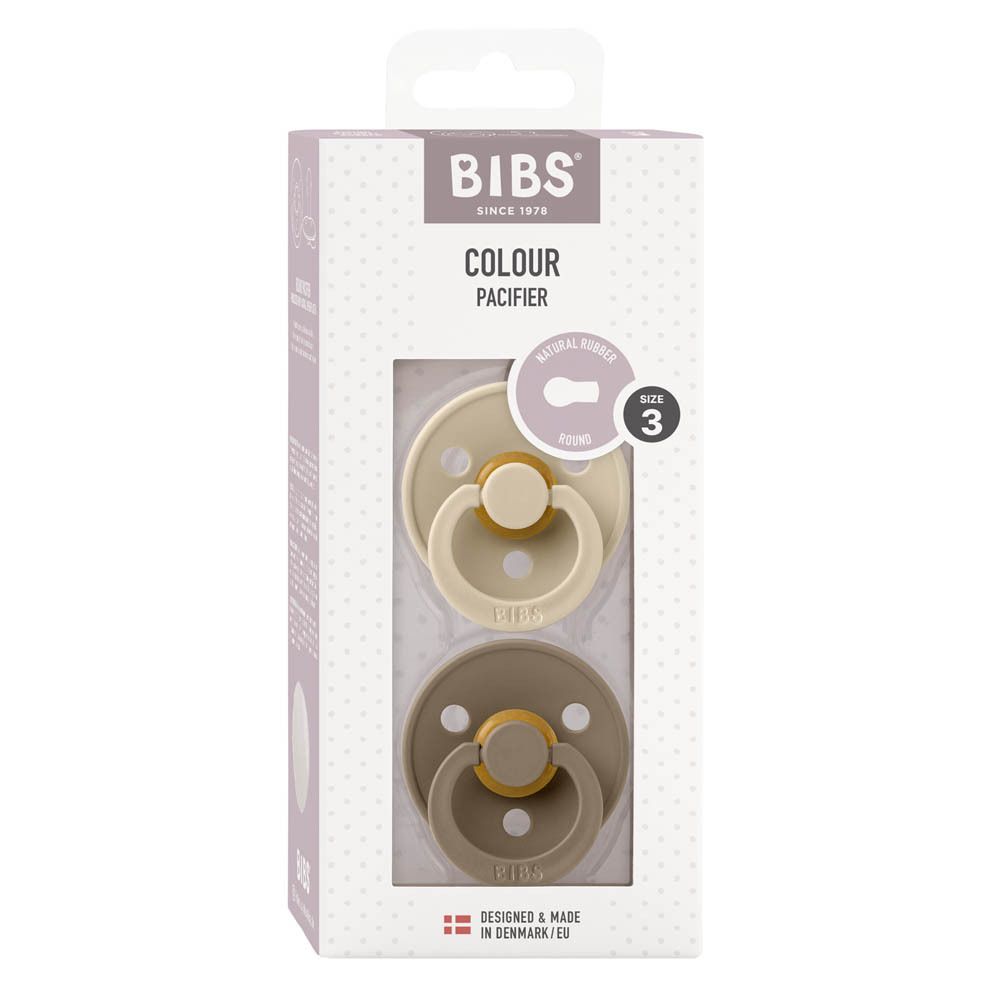 BIBS duo de sucettes en emballage. Deux sucettes, marron clair et foncé, avec éléments jaunes. Taille 3.