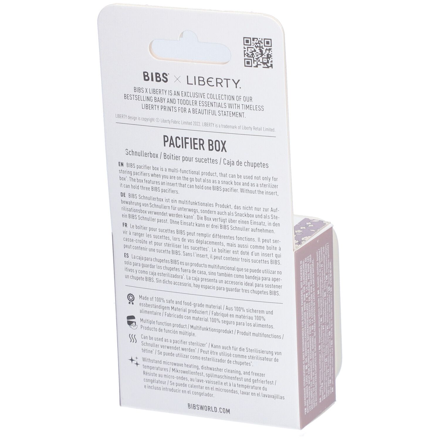 Rückseite der BIBS Schnullerbox Verpackung. Text in mehreren Sprachen. Logo, Produktname, Informationen zu Materialien.