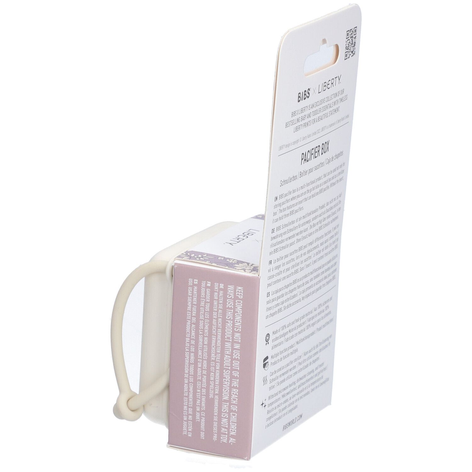 BIBS Schnullerbox Verpackung. Text in mehreren Sprachen. Logo, Produktname, Informationen zu Materialien. Box mit Griff.