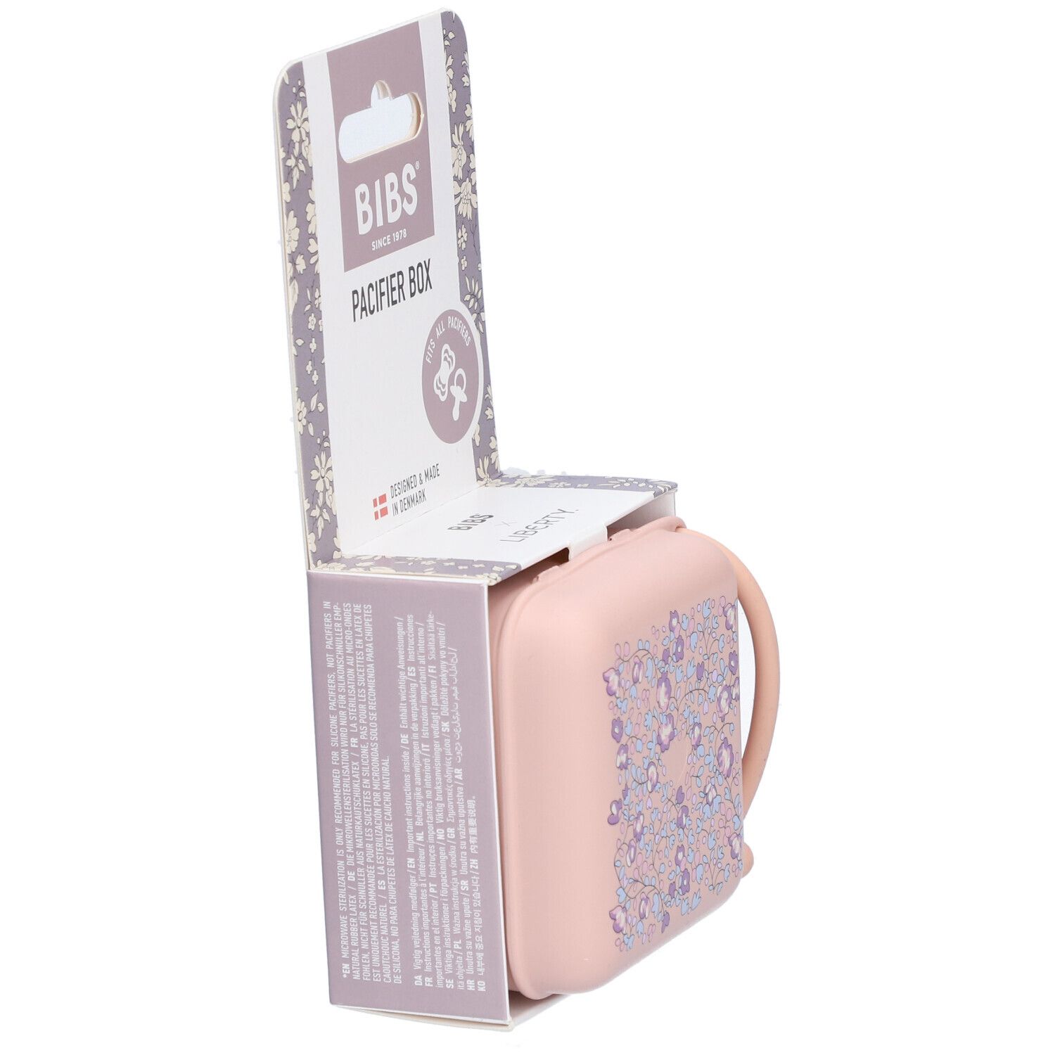 BIBS Schnullerbox Liberty Blush. Rosa Box mit Blumenmuster, in Verpackung. Mit Griff. "PACIFIER BOX" und Logo.