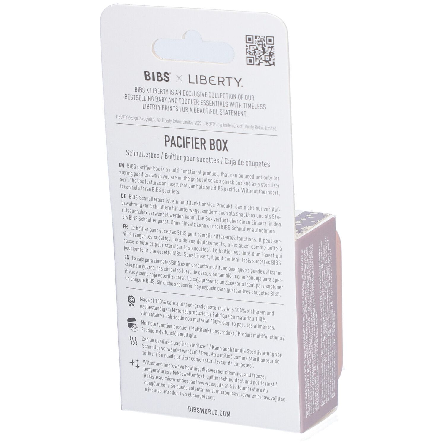 BIBS Liberty Blush Schnullerbox Verpackung. Text auf der Rückseite. "PACIFIER BOX". Informationen in mehreren Sprachen.