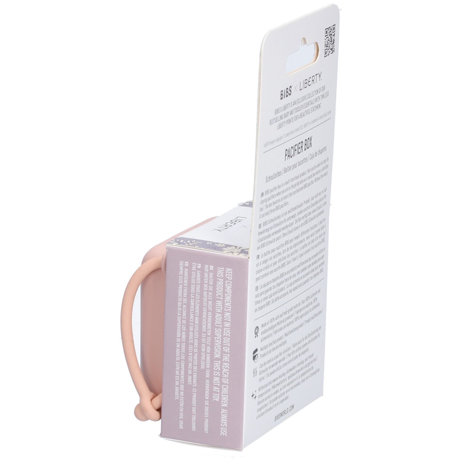 BIBS Liberty Blush Schnullerbox. Rosa Box mit Griff. Verpackung mit Text. "PACIFIER BOX".