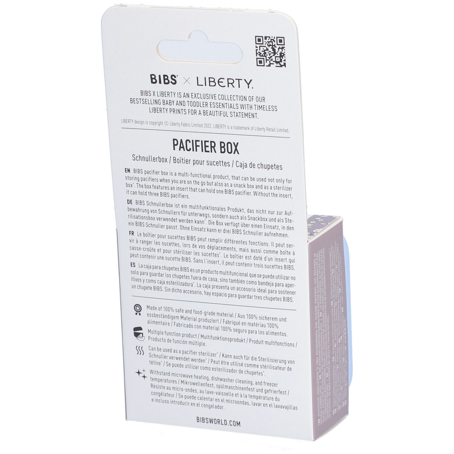Verpackung der BIBS Schnullerbox Liberty Blue. Text mit Produktinformationen und Logos. Rückseite.