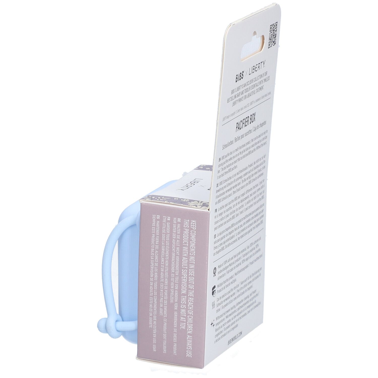Verpackung der BIBS Schnullerbox Liberty Blue. Text mit Produktinformationen und Logos. Teilansicht.
