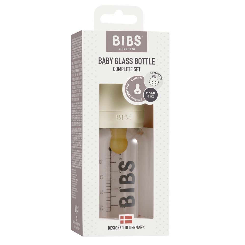Emballage avec biberon en verre pour bébé. Logo BIBS. Ensemble complet. Forme ronde. Caoutchouc naturel. 110 ml. 0+ mois.