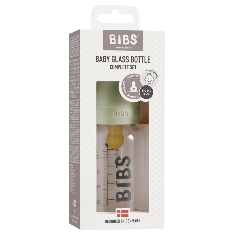 Emballage avec biberon. Marque BIBS. Texte: Baby Glass Bottle Complete Set. Avec tétine.