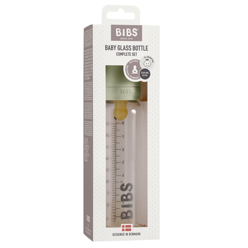 Verpakking met babyfles. BIBS-logo, productnaam en informatie. Fles met speen zichtbaar.