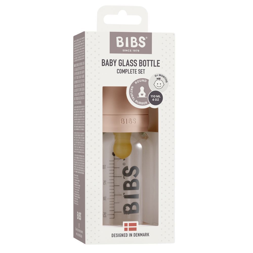 Emballage avec biberon BIBS. Ensemble complet. Bouteille, tétine, bouchon. Texte: Baby Glass Bottle. Blush.