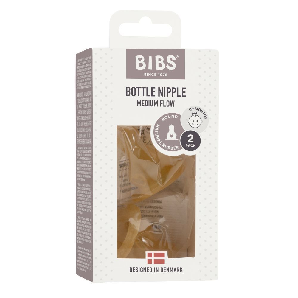 Emballage de deux tétines. Logo BIBS, texte : Bottle Nipple, Medium Flow, 0+ mois, pack de 2.