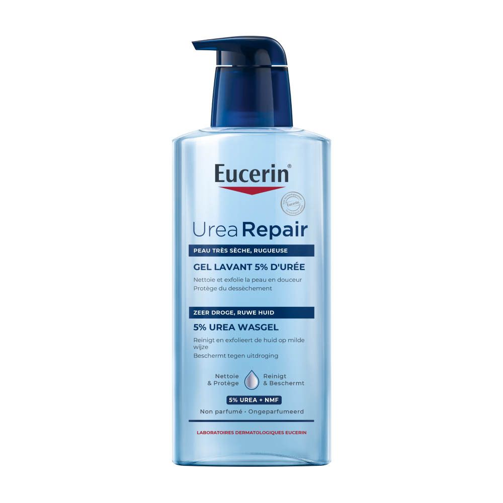 Eucerin UreaRepair Gel Lavant 5% Urée. Flacon avec pompe, bleu et blanc. Texte en français et allemand.