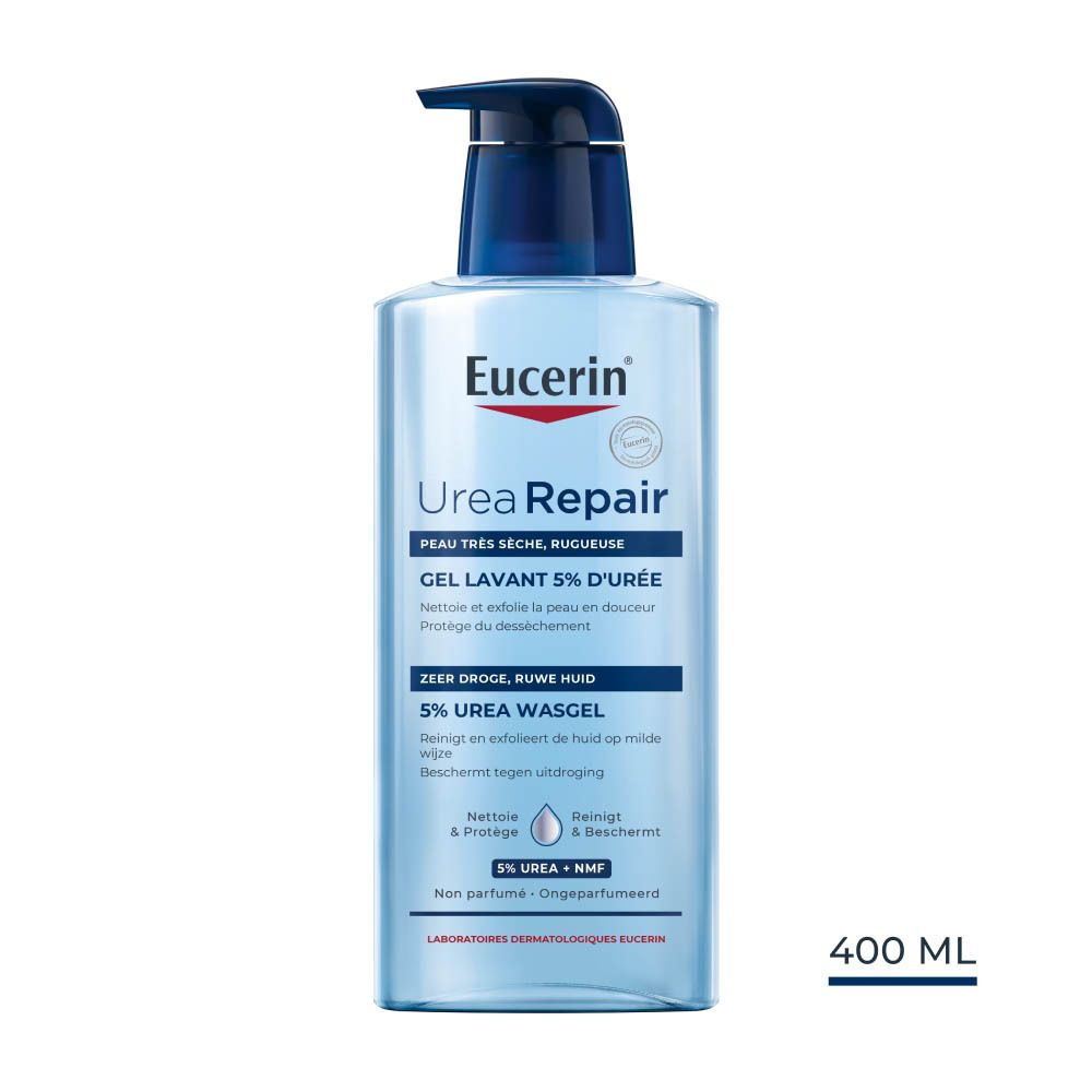 Eucerin UreaRepair Gel Lavant 5% Urée. Flacon avec pompe, bleu et blanc. 400 ml.