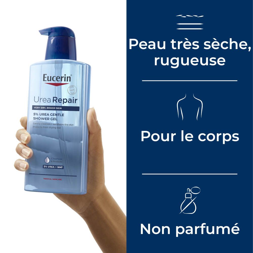 Eucerin UreaRepair 5% Urée Gel Douche. Flacon en main. Texte: Peau très sèche, rugueuse, pour le corps, sans parfum.