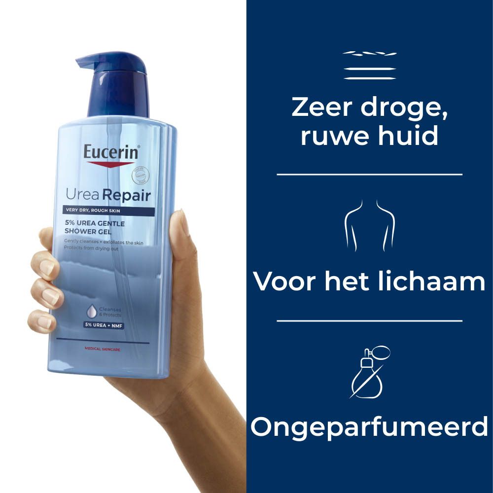 Eucerin UreaRepair 5% Urea Shower Gel. Fles in hand. Tekst: Zeer droge, ruwe huid, voor het lichaam, ongeparfumeerd.