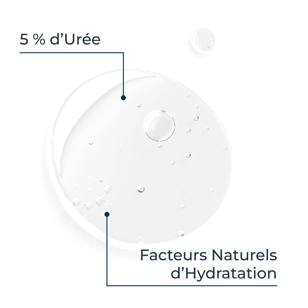 Gros plan de gouttes. Texte: 5% Urée, facteurs naturels d'hydratation.