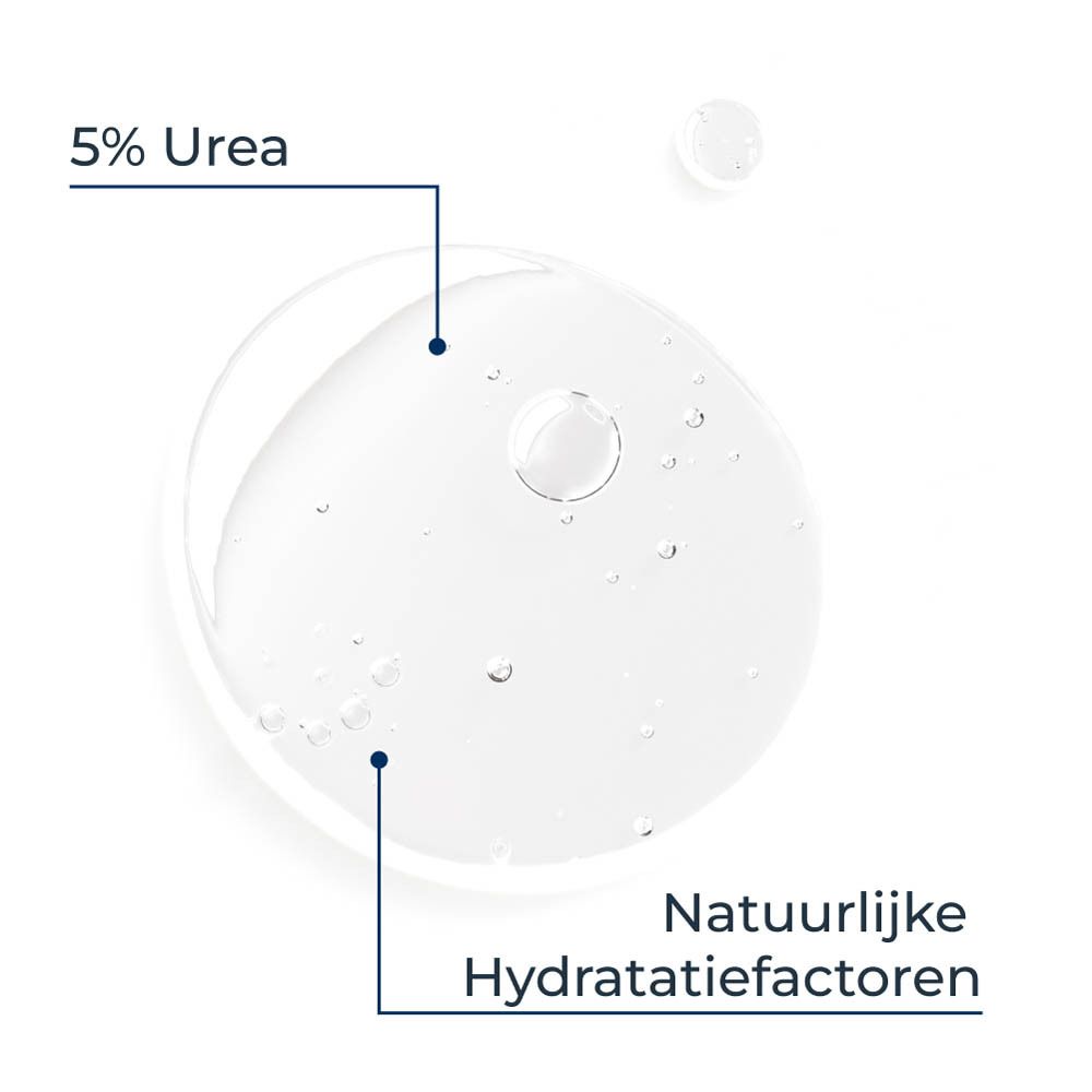 Close-up van druppels. Tekst: 5% Urea, natuurlijke hydratatiefactoren.