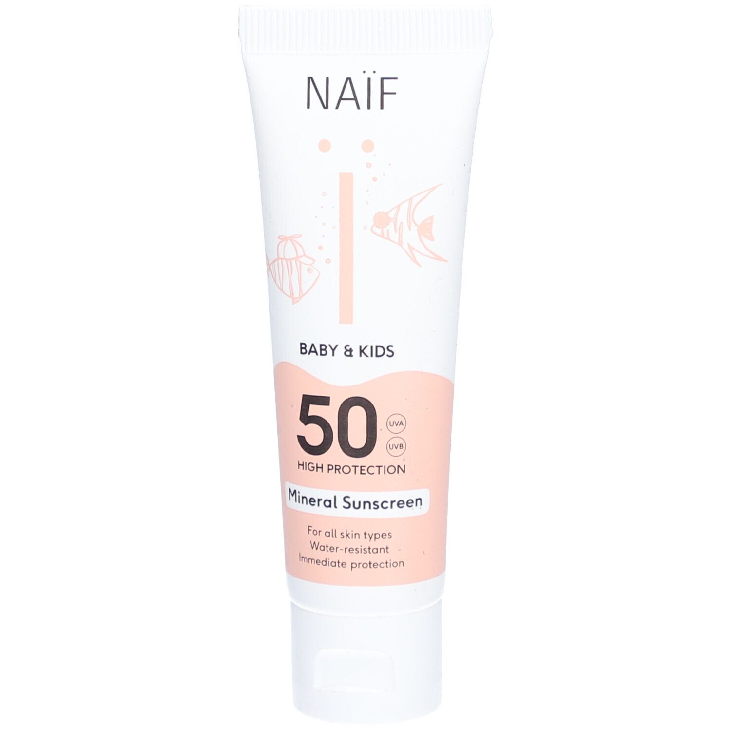 Weiße Tube mit NAÏF, Baby & Kids, 50 Mineral Sunscreen. Für alle Hauttypen. Wasserfest. Sofortiger Schutz.