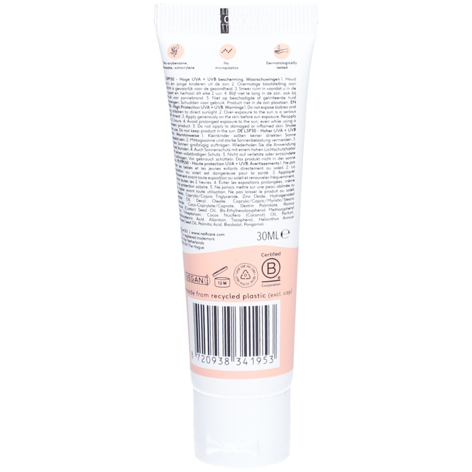 Rückseite der Tube. Text, Inhaltsstoffe, 30ml, Vegan-Logo, recyceltes Plastik, Zertifizierung.