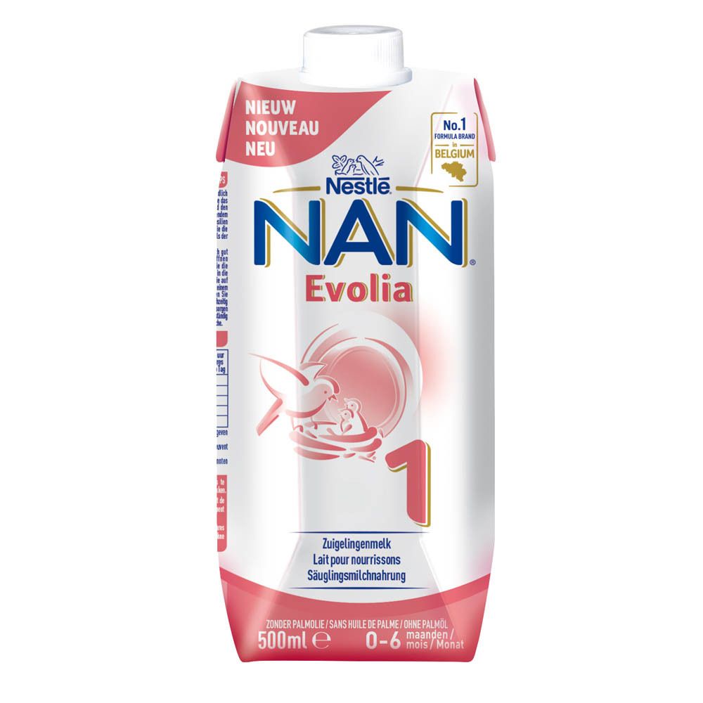 NAN Evolia 1 lait pour nourrissons. Emballage Tetrapack avec bouchon à vis. Inscriptions : DHA, 1, 500ml, 0-6 mois. Logo : Nestlé.