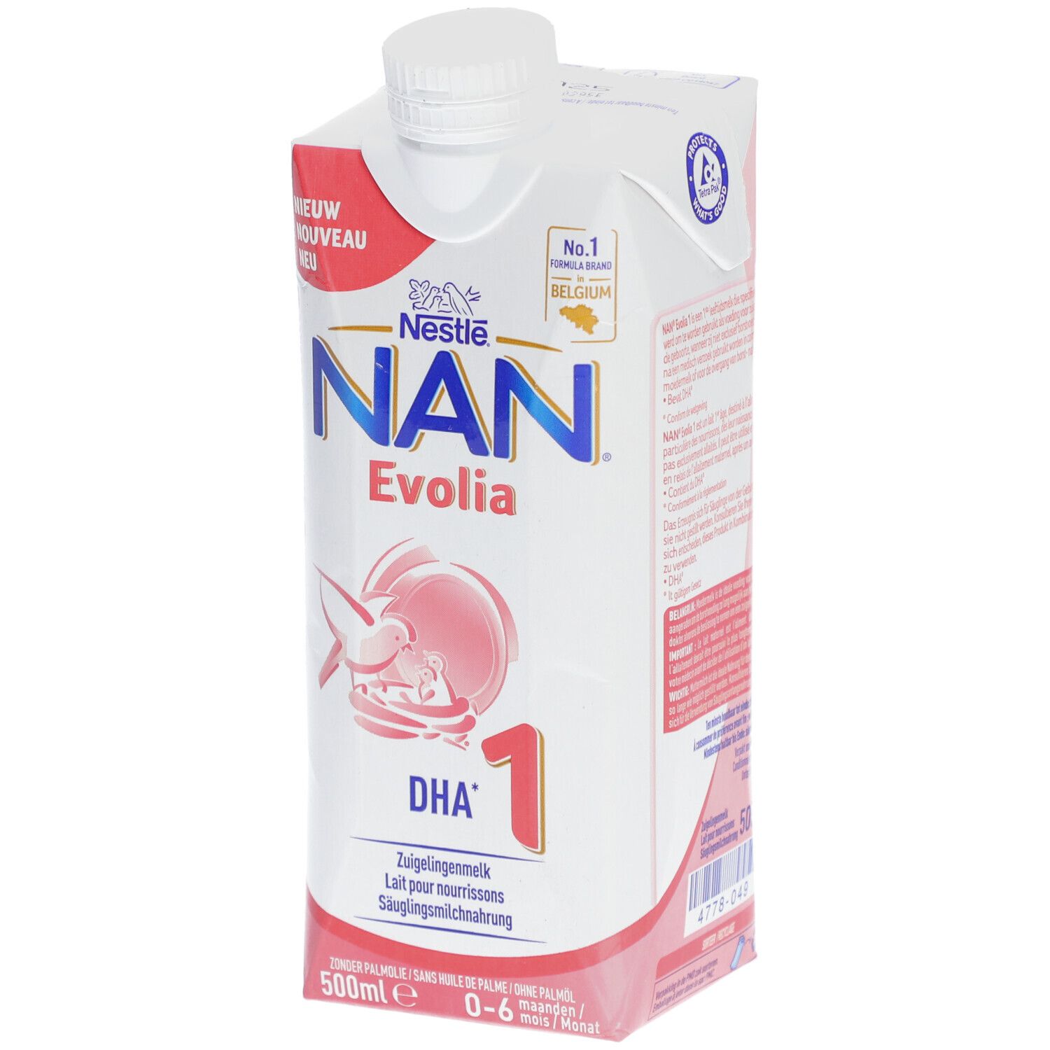 NAN Evolia 1 lait pour nourrissons. Emballage Tetrapack avec bouchon à vis. Inscriptions : DHA, 1, 500ml, 0-6 mois. Logo : Nestlé.