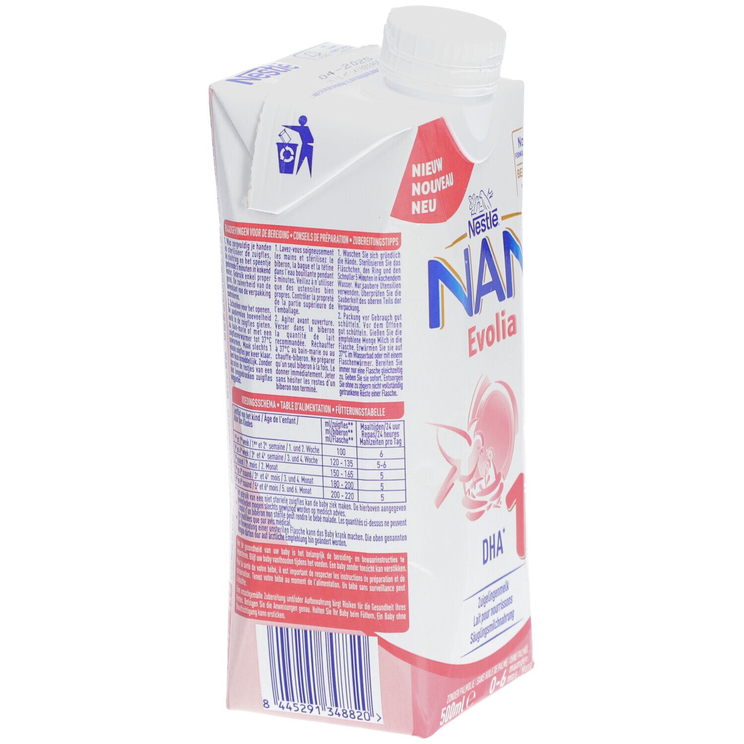 NAN Evolia 1 Tetrapack. Dos avec textes multilingues. Bouchon à vis. Inscription : symbole de recyclage.